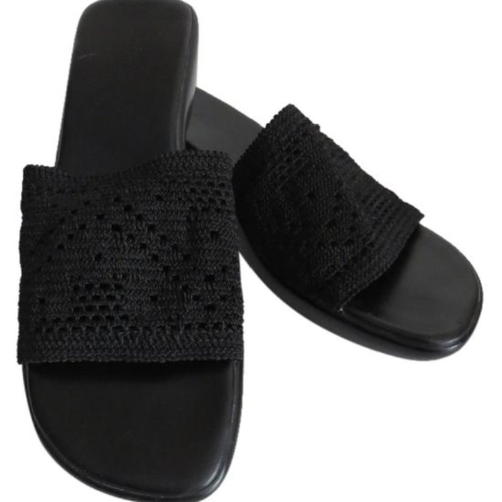 Women's Girl's Black Crochet Strap Open Toe Mule Slip On Sandal Shoes Size 8.5